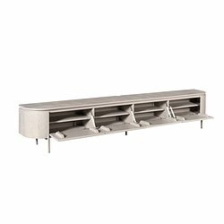 Grote moderne tv-meubel in licht hout met opbergruimte en uitschuifbare planken, ideaal voor moderne woonkamers en entertainment centers.