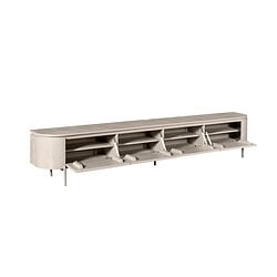 Lage tv-meubel van Mokana meubelen in licht eikenhout met uitschuifbare deurtjes en open vakken, perfect voor moderne woonkamers.
