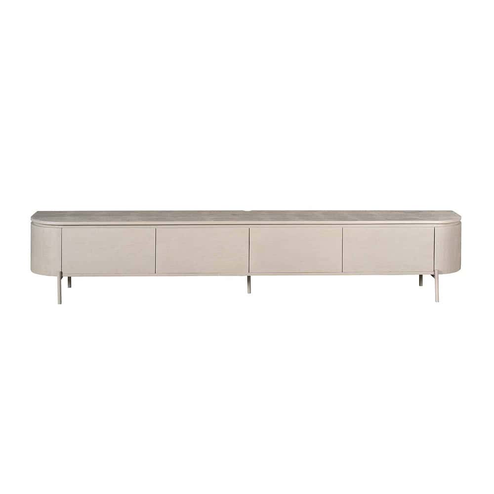 Vintage houten tv-meubel in licht eucalyptushout, modern en strak design, perfect voor een eigentijds interieur.