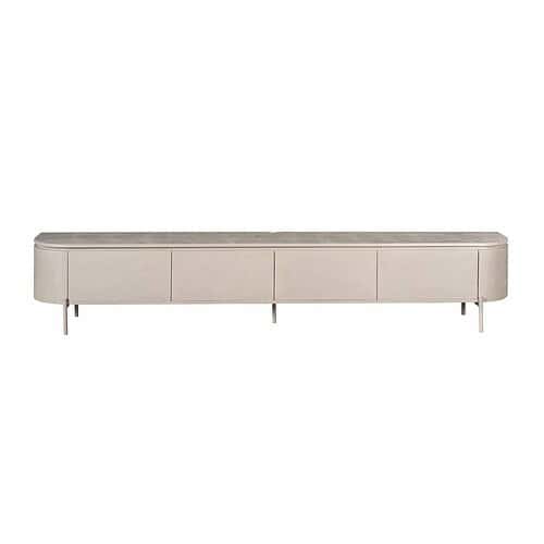Vintage houten tv-meubel in licht eucalyptushout, modern en strak design, perfect voor een eigentijds interieur.