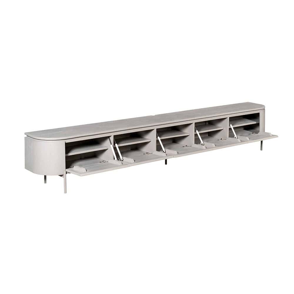 Innovative televisie meubel met uitgebreide opbergruimte en modern design in lichte houttint.