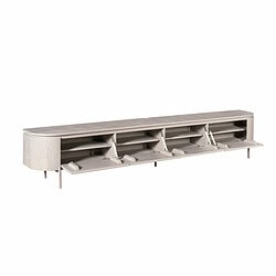 Grote opbergmeubel in licht eikenhout met uitschuifbare laden en verstelbare planken, perfect voor woonkamer of kantoor.
