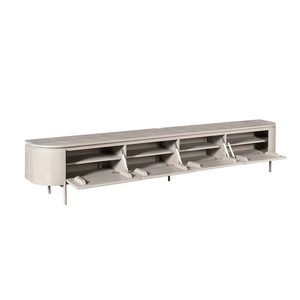 Hoogwaardige Mokana meubels tv-meubel met open opbergruimte en uitschuifbare trays, modern design, perfect voor innovatieve en functionele woonkamers.