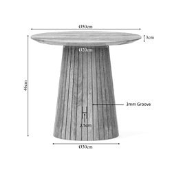 Elegante houten bijzettafel met draaibare top en groeven in natuurlijke afwerking, perfect voor moderne woonruimtes of buitengebruik, duurzaam en stijlvol.