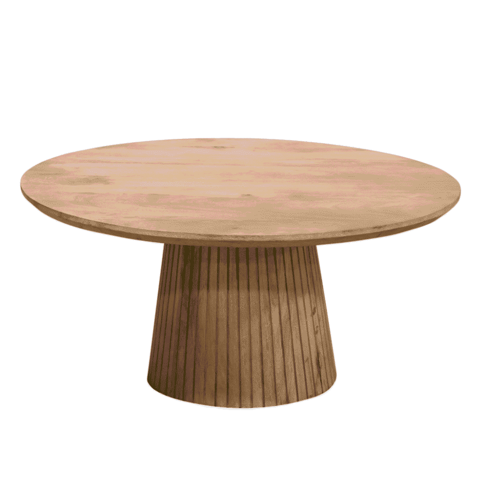 Elegante natural houten eettafel met ronde top en geribbelde, conische voet, perfect voor een stijlvolle en functionele eethoek, gemaakt door Mokana Meubelen.