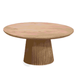 Elegante natural houten eettafel met ronde top en geribbelde, conische voet, perfect voor een stijlvolle en functionele eethoek, gemaakt door Mokana Meubelen.