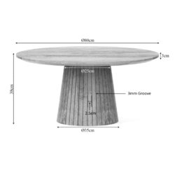Robuuste houten eettafel met ronde blad, modern design, perfect voor binnen en buiten, afmetingen 80cm doorsnee, 38cm hoog, vervaardigd uit duurzaam geolied hout.