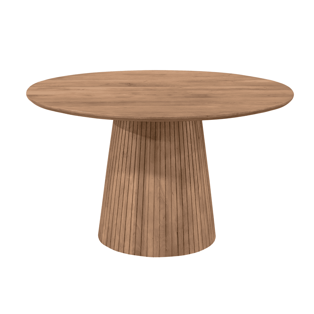 Luxe eettafel van massief FSC-hout met ronde top en unieke gepoedercoate sokkel, perfect voor moderne interieur.