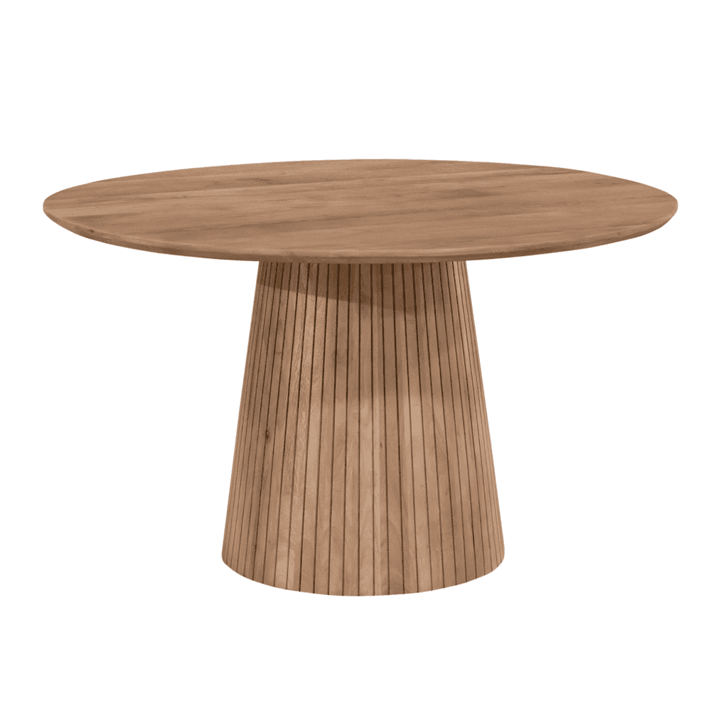Elegante houten eettafel met gestreepte conische basis, perfect voor moderne en landelijke interieurs. Gemaakt van hoogwaardige materialen voor duurzaamheid en stijl.