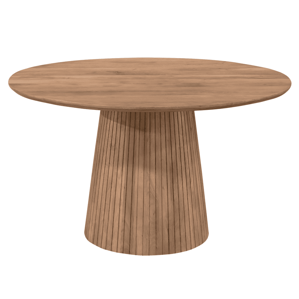 Elegante ronde eettafel van massief hout met slanke poot, perfect voor moderne en landelijke eetkamers, gemaakt door Mokana Meubelen.