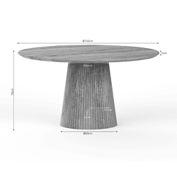 Houten eettafel met ronde vorm, diameter 150cm, hoogte 76cm, afgewerkt in natuurlijke houtafwerking, modern meubelstuk voor eetkamer of diningruimte.