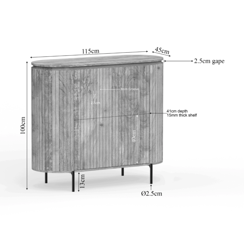 Elegante houten buffetkast met moderne lijnen, 115 cm breed en 100 cm hoog, perfect voor woon- of eetkamer, stevige constructie met slanke metalen poten.
