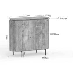 Elegante houten buffetkast met moderne lijnen, 115 cm breed en 100 cm hoog, perfect voor woon- of eetkamer, stevige constructie met slanke metalen poten.