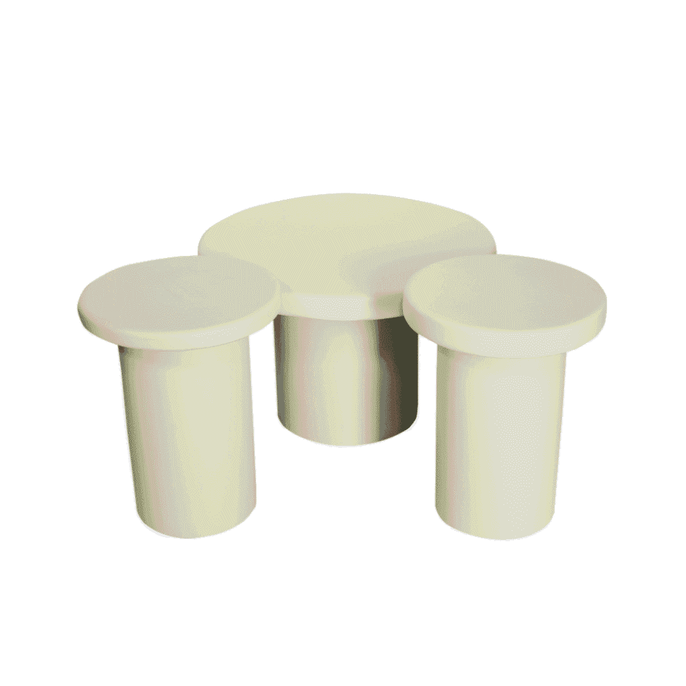 Moderne witte salontafel met drie ronde toppen en cilindrische poten, perfect voor modern interieur en gezellige zithoeken.