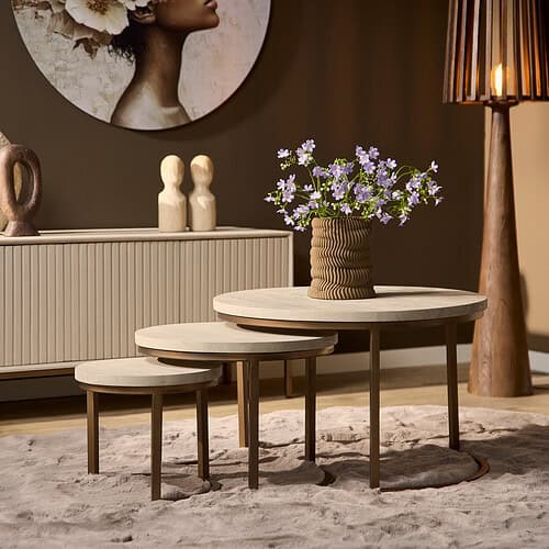 Moderne bijzettafels van licht hout met ronde vormen, gecombineerd met een keramische vaas met bloemen, in een warm ingerichte woonkamer.