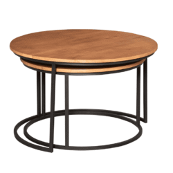 Elegant ronde houten salontafel met zwart metalen frame, modern design, perfecte aanvulling voor elke woonkamer, duurzaam en stijlvol.