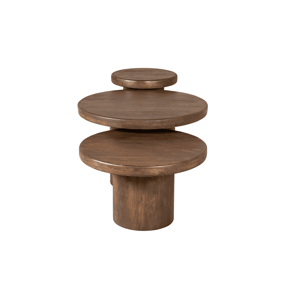 Hoogwaardig massief houten bijzettafel met cirkelvormige bladen, uniek design, ambachtelijk vervaardigd door Mokana Meubelen voor een warme en natuurlijke sfeer.