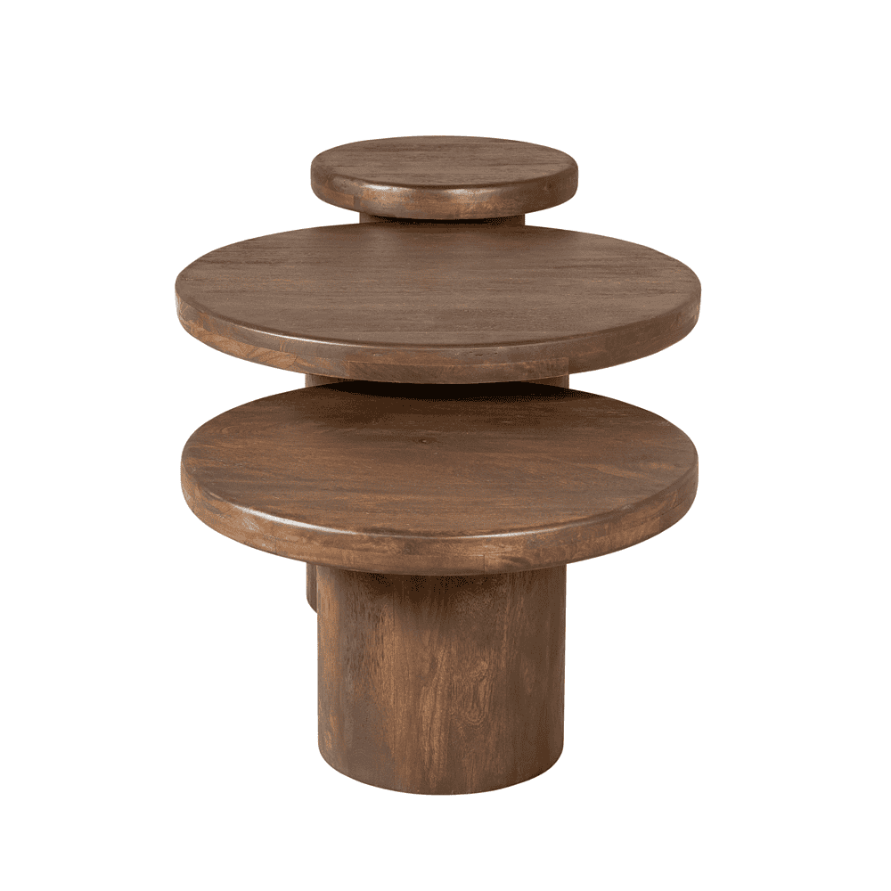 Eikenhouten salontafel met drie ronde tafelbladen en een stevige basis, ontworpen door Mokana Meubelen voor een stijlvolle en functionele woonruimte.