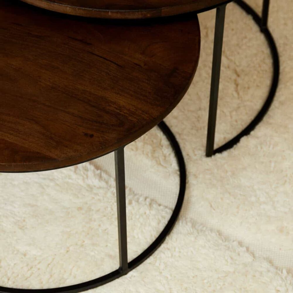 Elegante houten salontafel met zwart metalen frame, stijlvolle en duurzame meubels voor een moderne woonkamer. Perfect voor diverse interieurstijlen en gebruiksdoeleinden.