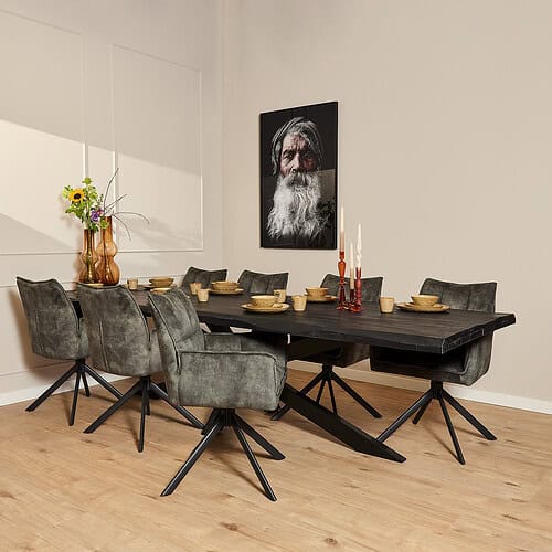 STF-2056 Robuuste zwart metalen eettafel met houten afwerking voor een modern en stijlvol interieur. Perfect voor gezellige diners en familiegelegenheden in huis.