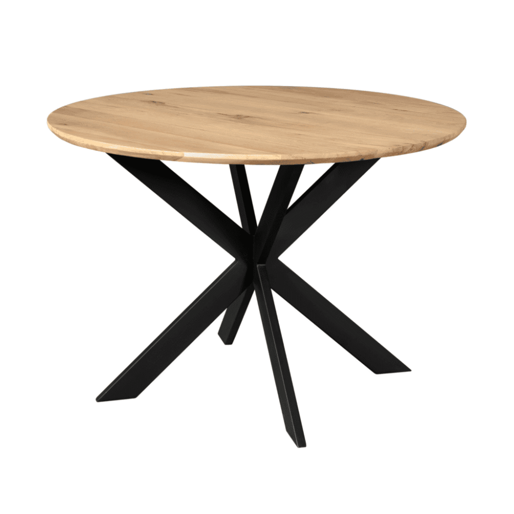 Robuuste houten eettafel met zwart metalen onderstel, modern en stijlvol design, perfect voor een eigentijdse eethoek of vergaderruimte. Tijdloos meubel met hoogwaardige afwerking van Mokana Meubelen.