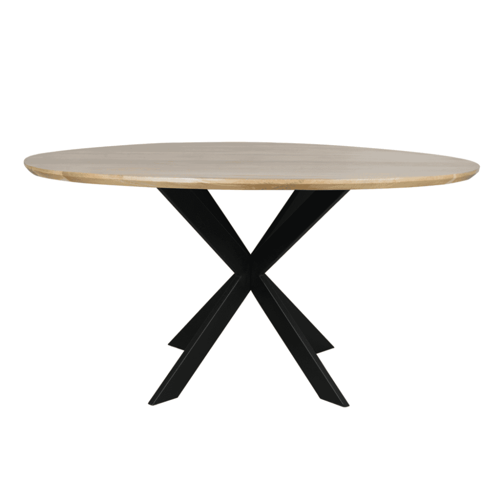 Strak houten eettafel met zwart metalen X-poten, modern industrieel design, perfect voor stijlvolle eetkamers en keukens.