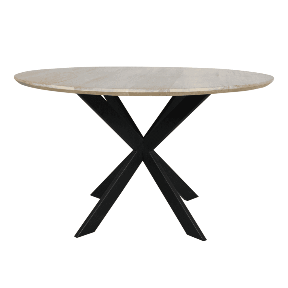 Elegante round eettafel met moderne zwarte kruisvoet en natuurlijke houten blad, perfect voor een stijlvolle en functionele woonruimte.