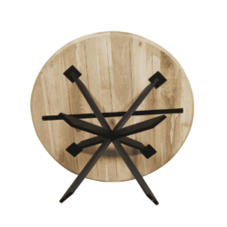 Moderne wandklok met zwart metalen wijzers en een natuurlijk houten rond basis, perfect voor een eigentijdse interieurstijl.