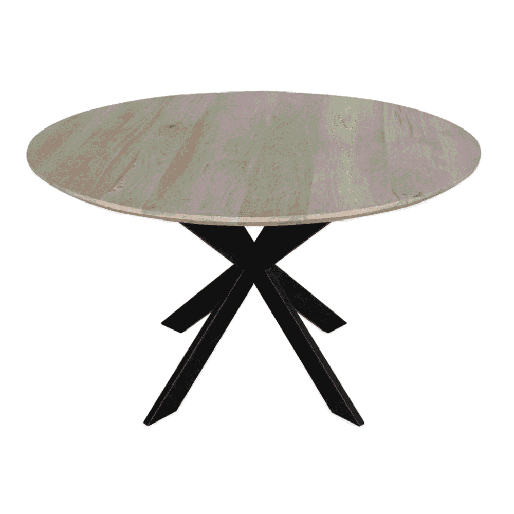 Kerstentafel van massief hout met zwart metalen onderstel, modern en elegant design, perfect voor eetkamers en tafeldecoraties, handgemaakt en duurzaam meubelstuk.
