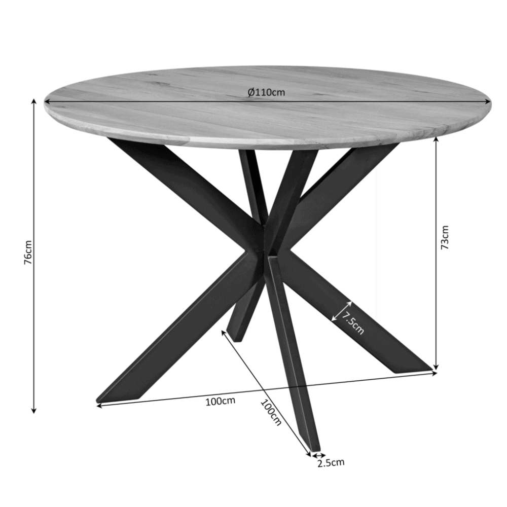 Elegant houten eettafel met zwart metalen onderstel, industriële stijl, perfect voor moderne eetkamers, maat 110 cm diameter, duurzaam en stijlvol meubel van Mokana Meubelen.