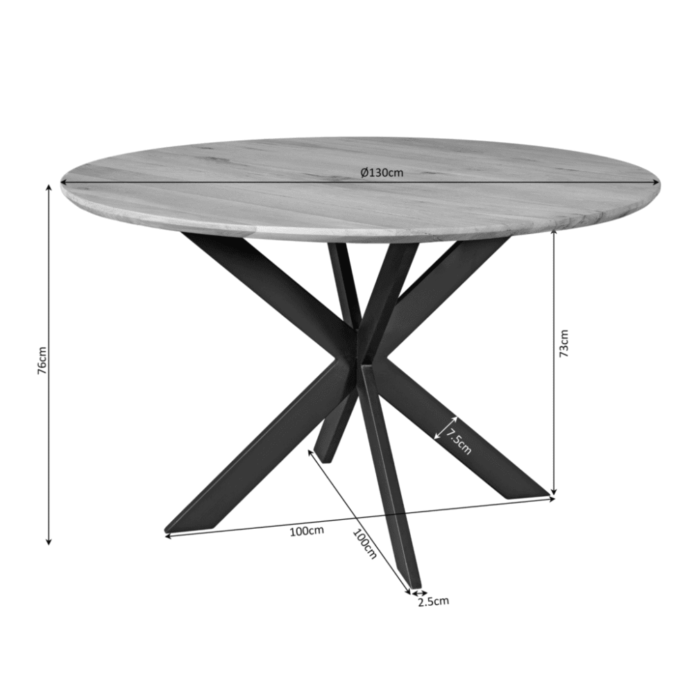 Robuuste eettafel van massief hout met diagonale zwarte metalen onderstel, diameter 130 cm en hoogte 76 cm, ideaal voor modern en industrieel interieur bij Mokana Meubelen.