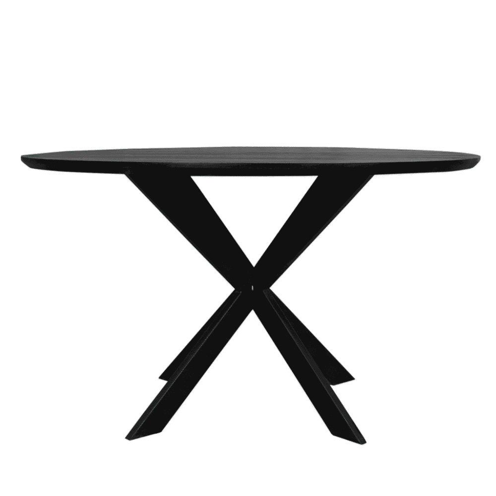 Strak zwart houten eettafel met moderne X-vormige metalen onderstel, perfect voor een eigentijdse eetkamer of woonkamer inrichting.