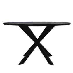 Strak zwart houten eettafel met moderne X-vormige metalen onderstel, perfect voor een eigentijdse eetkamer of woonkamer inrichting.