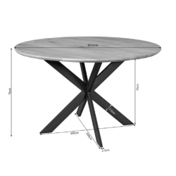 Elegante houten eettafel met zwart metalen onderstel, diameter 150cm, hoogte 73cm, modern design, duurzaam en stijlvolle meubelkeuze voor in keuken of eetkamer.