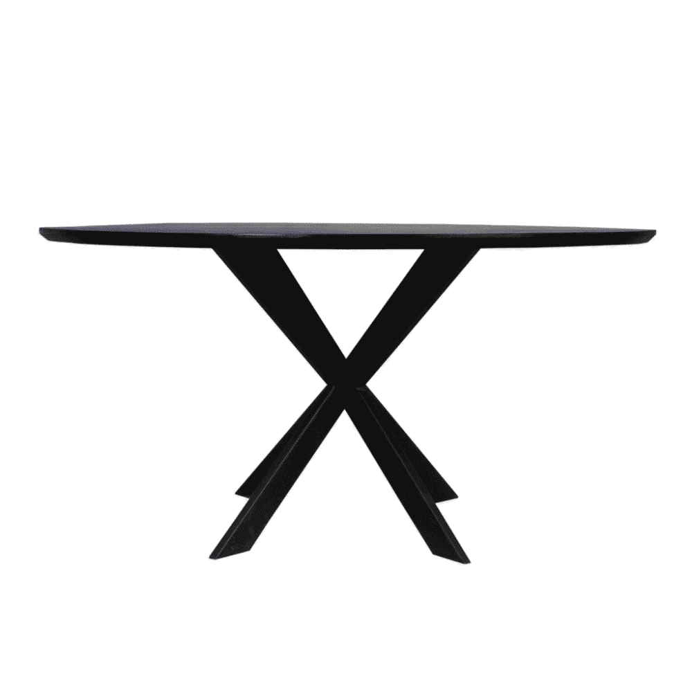 Elegante zwart houten eettafel met moderne kruisvoet design, perfect voor stoere en luxe interieurdecoratie.