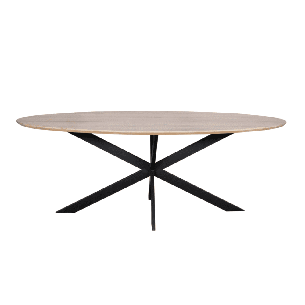 Ronde eettafel met licht houten blad en zwart metalen onderstel, modern en stijlvol design voor eetkamer of keuken.