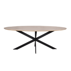 Ronde eettafel met licht houten blad en zwart metalen onderstel, modern en stijlvol design voor eetkamer of keuken.