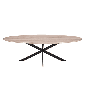 Houten eettafel met zwart metalen onderstel voor moderne eetkamers, geschikt voor gezinnen en sociale bijeenkomsten.