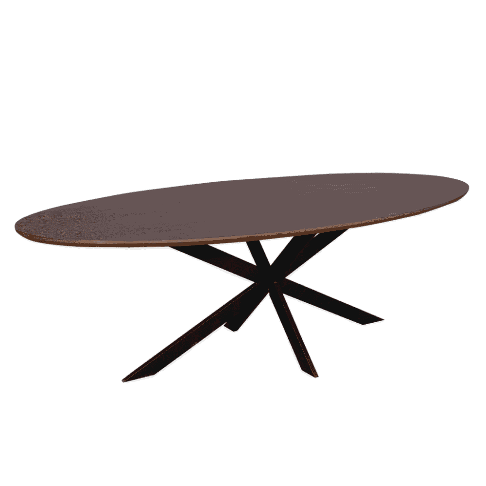 Elegante eettafel in donker hout met uniek gestileerd zwart onderstel, perfect voor moderne en stijlvolle eetruimtes. Geproduceerd door Mokana Meubelen.