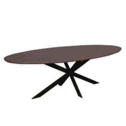 Elegante eettafel in donker hout met uniek gestileerd zwart onderstel, perfect voor moderne en stijlvolle eetruimtes. Geproduceerd door Mokana Meubelen.