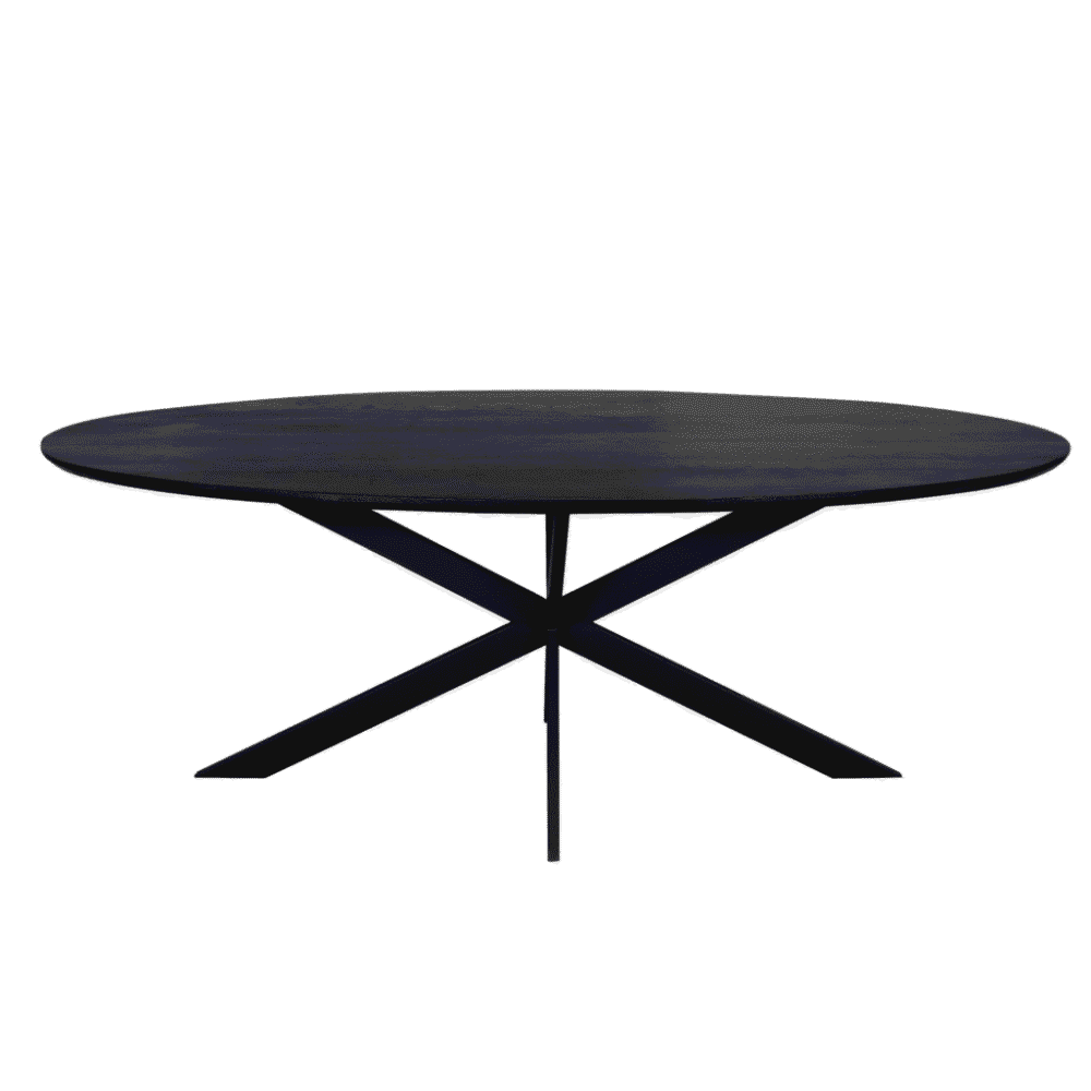 Strak zwart rond eettafel met moderne kruisframe basis, perfect voor een eigentijdse eetkamer of lounge.