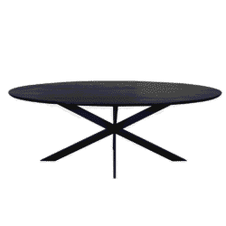 Strak zwart rond eettafel met moderne kruisframe basis, perfect voor een eigentijdse eetkamer of lounge.