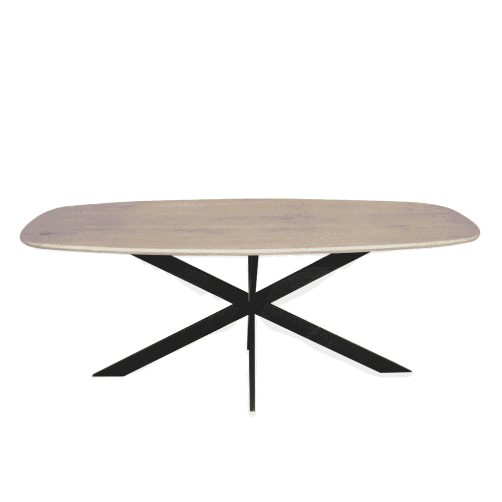 Moderne houten eettafel met zwart metalen onderstel, perfect voor stijlvolle interieurs.