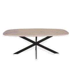 Moderne houten eettafel met zwart metalen onderstel, perfect voor stijlvolle interieurs.