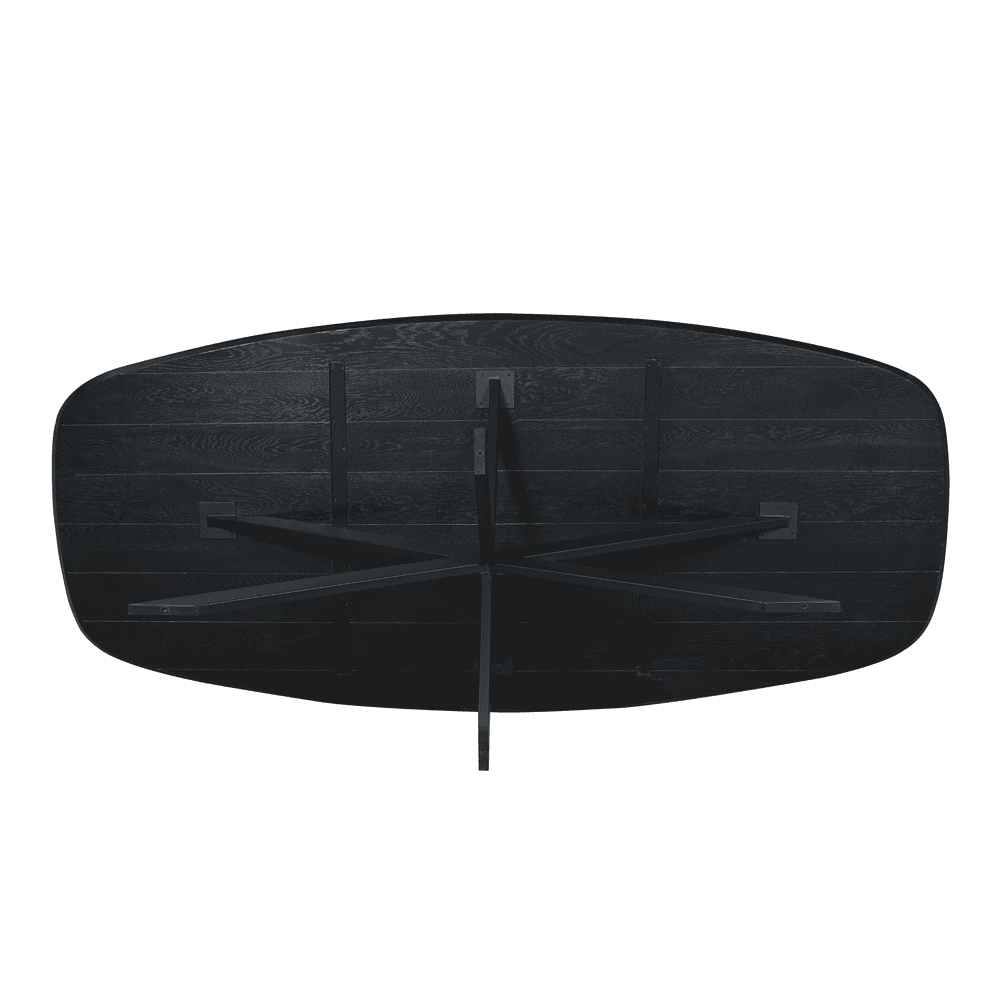 Elegante zwart houten eettafel met inklapbare bladen en metalen onderstel, perfect voor moderne eetkamers en praktische ruimtebesparing.