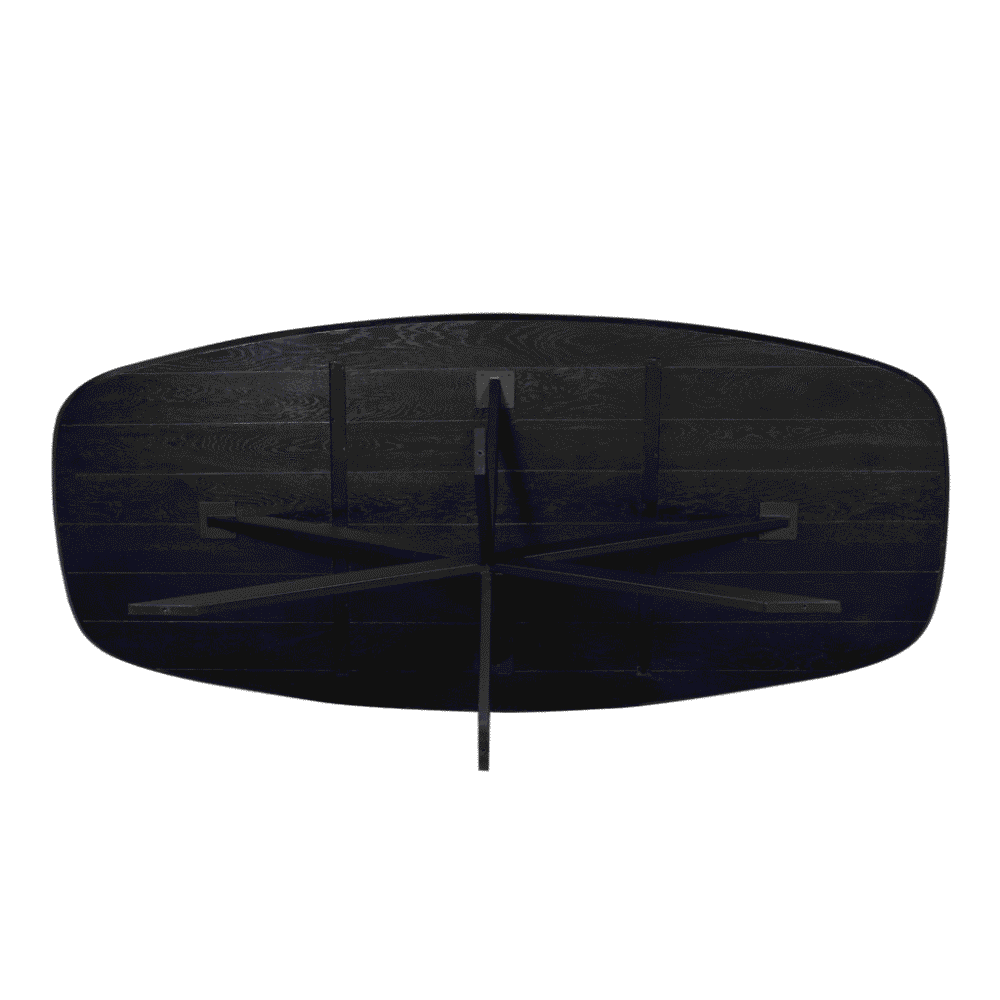 Modern zwart eettafel van massief hout met strakke zwarte afwerking, ontworpen door Mokana Meubelen, ideaal voor een eigentijdse eetruimte en combineert stijl met functionaliteit.