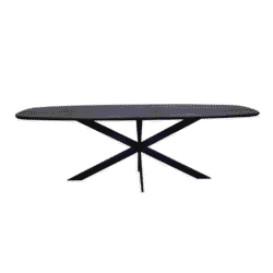 Modern zwart eettafel met uniek geometrisch onderstel, perfect voor een stijlvolle eetkamer of vergaderruimte - Mokana Meubelen.