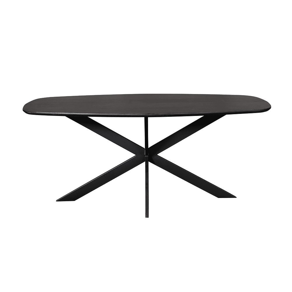 Strak zwart eettafel met houten blad en X-frame metalen onderstel, modern design voor een eigentijdse eetkamer of ontmoetingsplek. Ideaal voor stijlvol interieur en functioneel gebruik.
