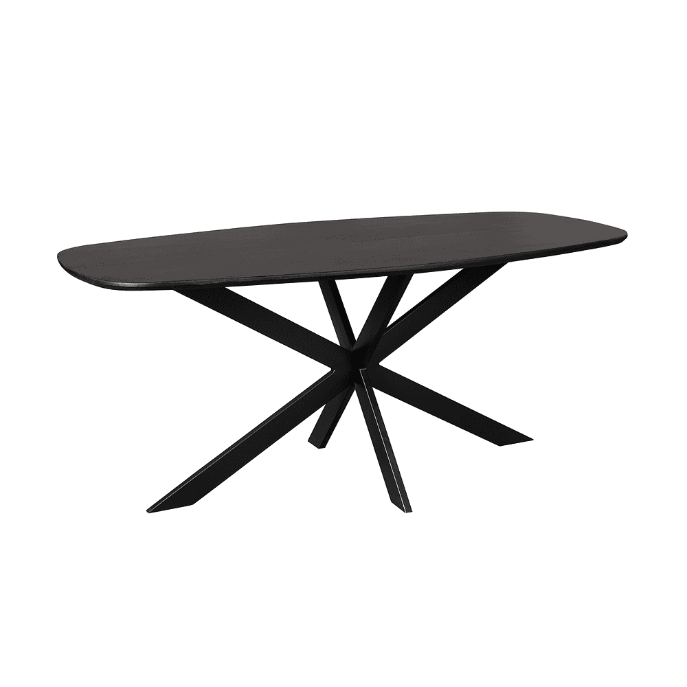 Strak zwart eettafel met uniek geometrisch onderstel, perfect voor modern interieur en ontspannen dineren.
