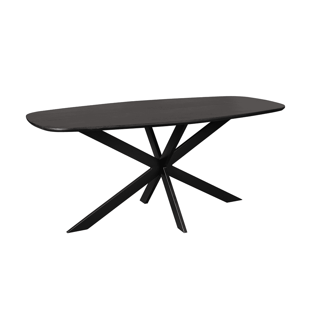 Strak zwart eettafel met uniek geometrisch onderstel, perfect voor modern interieur en ontspannen dineren.